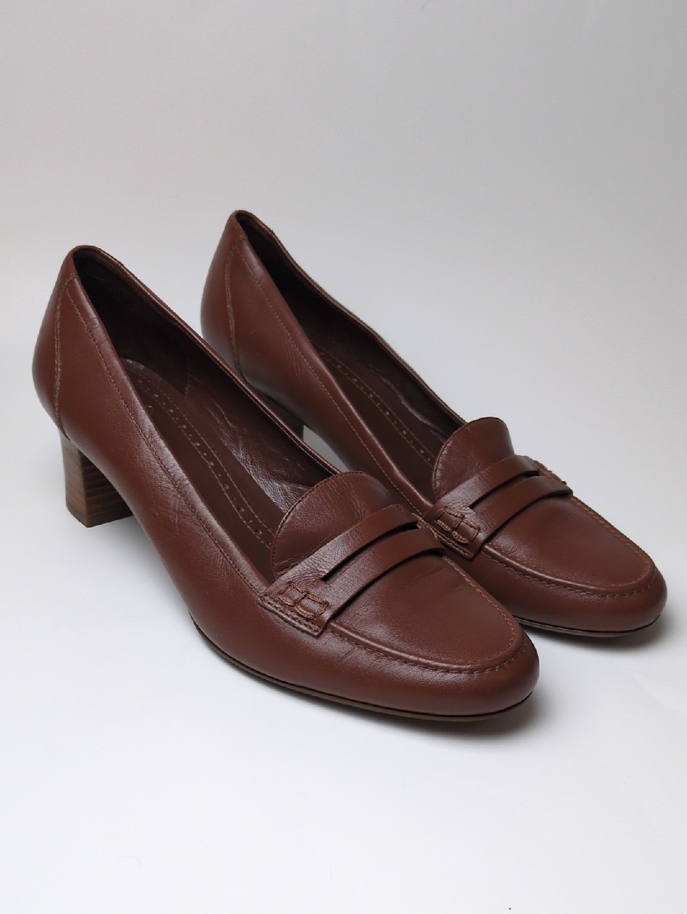 Brooks Brothers Brown Leather Block 2" High Heel Loafers Women's Size 8 A